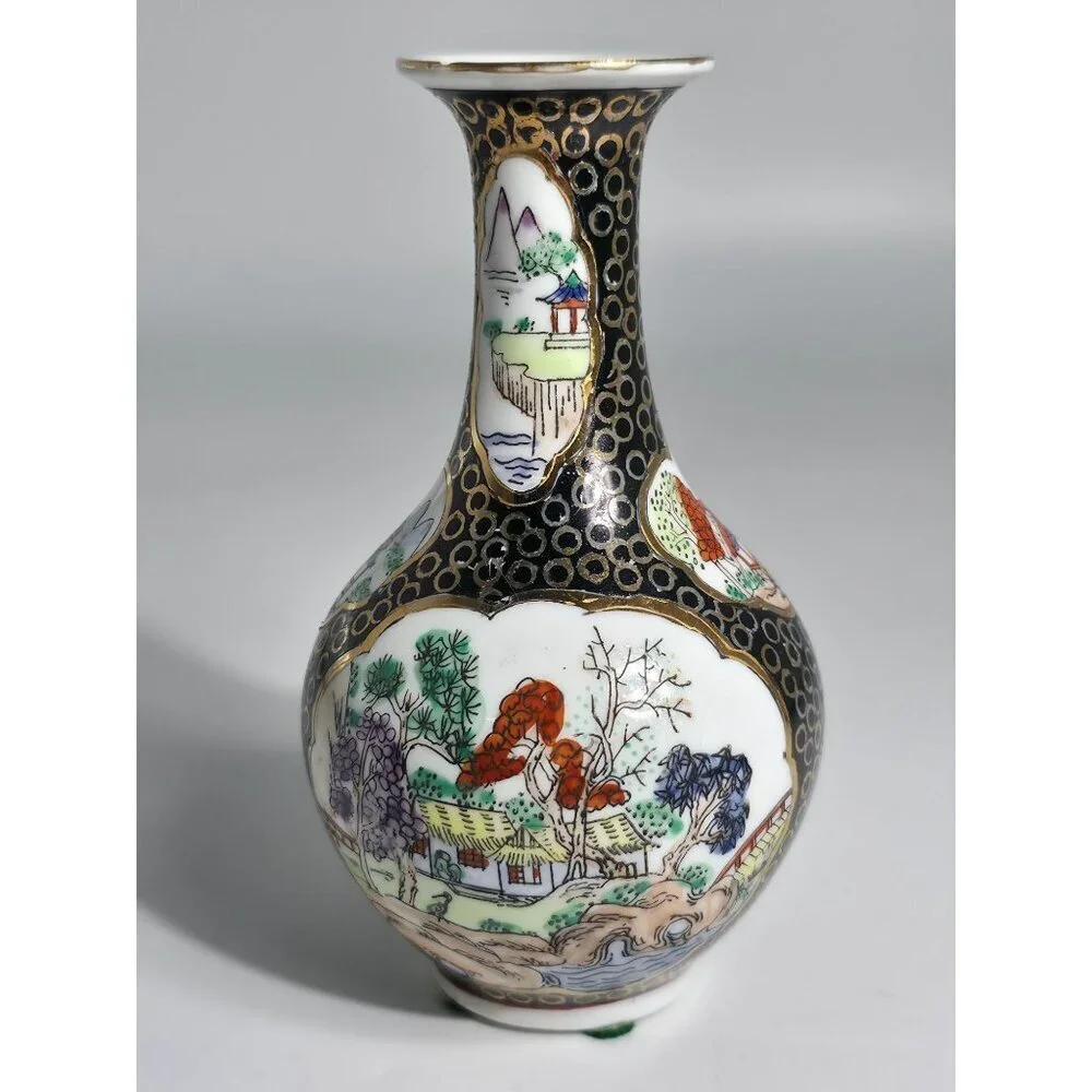 Vintage Hand Painted Porcelain Vase With Scenic Landscapes Gold Detailing